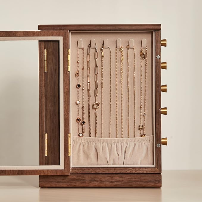CHOSIN Black Walnut Wooden Jewelry Box, 360° Rotating Organizer with Glass Lid, 5 Drawers for Earrings, Rings, Necklaces – Vertical Jewelry Storage for Women Valentine's Day Gifts