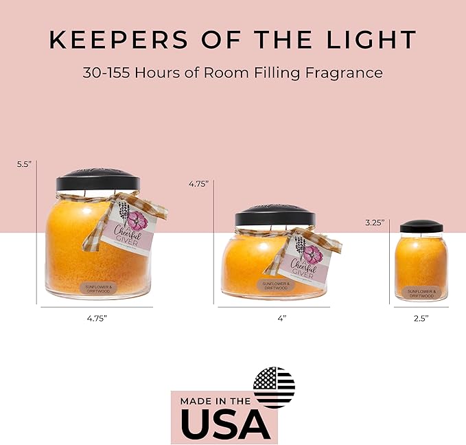 A Cheerful Giver - Sunflower & Driftwood - 34oz Papa Scented Candle Jar with Lid - Keepers of The Light - 155 Hours, Gift Candle, Yellow, Big Candles for Home Decoration