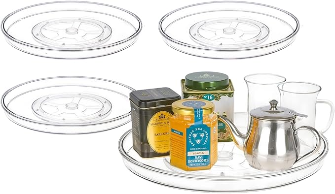 primebox 13.25" Lazy Susan Organizer. 360 Degree Rotating Turntable for Cabinets, Fridge, Pantry, Bathroom, Under Sink Organizing, Countertops, Vanity, Organizer for Spices Clear 4 Pack