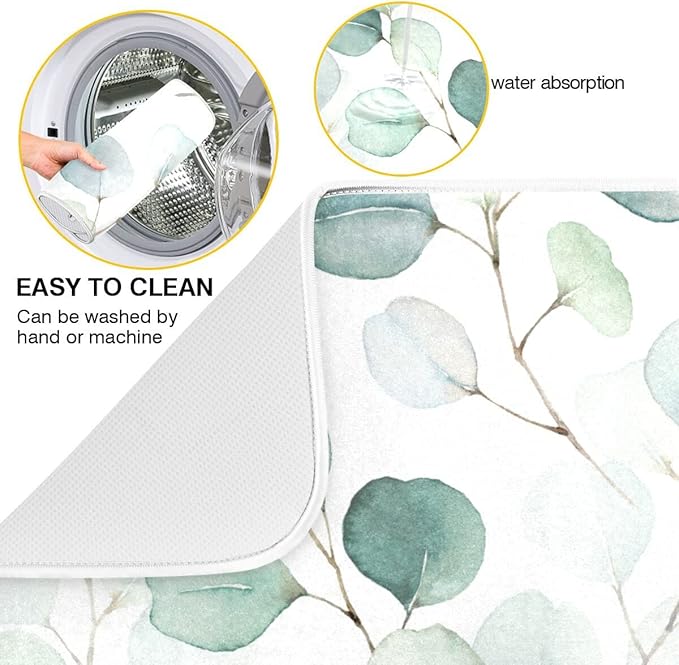 Green Leaves Dish Drying Mat 16x18 for Kitchen Counter Watercolor Herbs Women Kitchen Drying Mats Dishes Pad Absorbent Fast Dry Dish Draining Mats Medium Kitchen Accessories