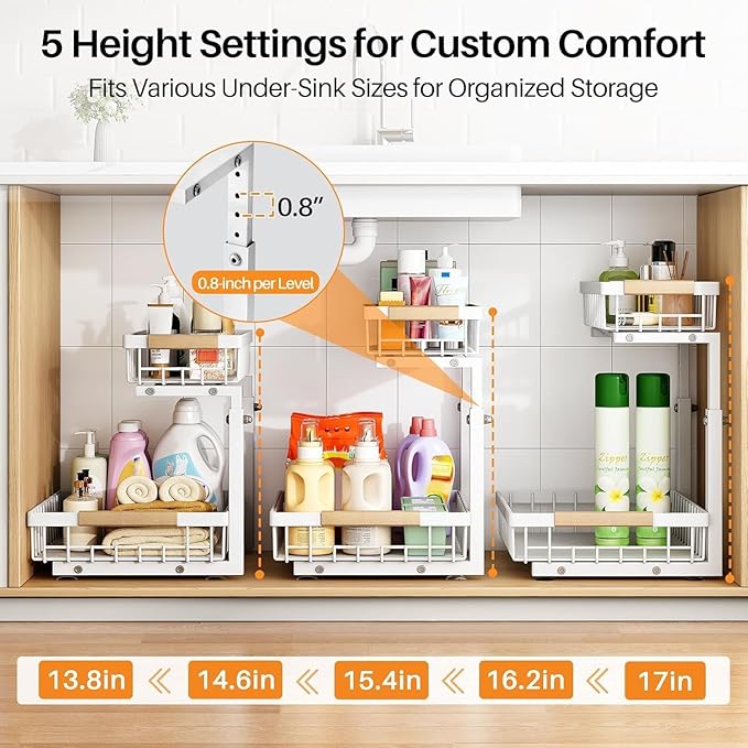 PXRACK(Small Version)2 Pack Under Sink Organizer,Adjustable Height,2 Tier Pull Out Under Cabinet Organizer,Slide Out Thickened Metal Storage Shelf for Kitchen Bathroom Laundry Pantry Cabinet,White