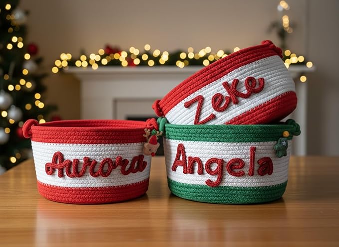 MBBEST Personalized Christmas Basket – Custom Cotton Rope Holiday Gift Basket with Name – Festive Storage Organizer for Presents, Toys, Blankets & Holiday Décor – 3 Sizes