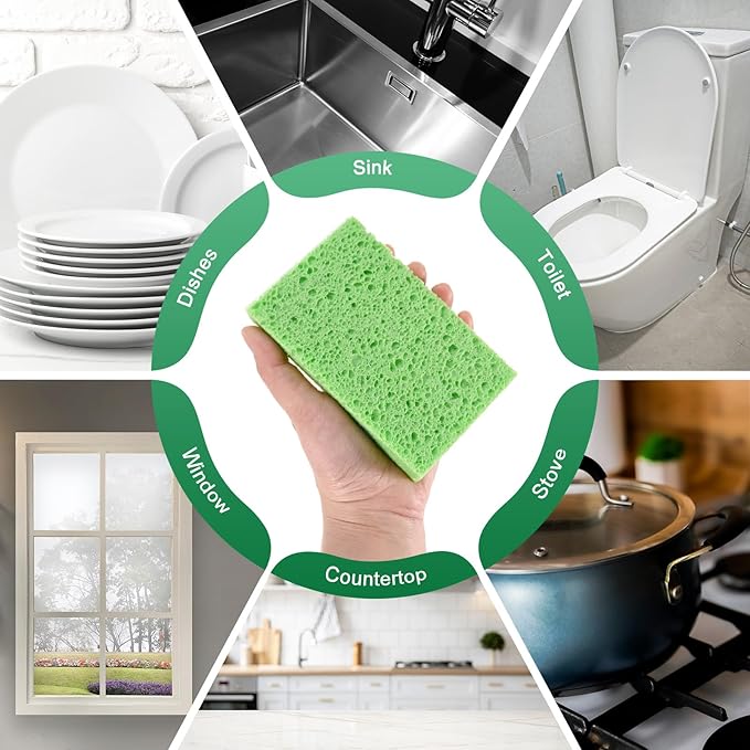M METERXITY 12-Pack Kitchen Sponges, Condense Eco Cellulose Non-Scratch Scrub Heavy Sponge for Kitchen/Household/Bathroom, Clean Tough Messes Dish Scrubber [Green]