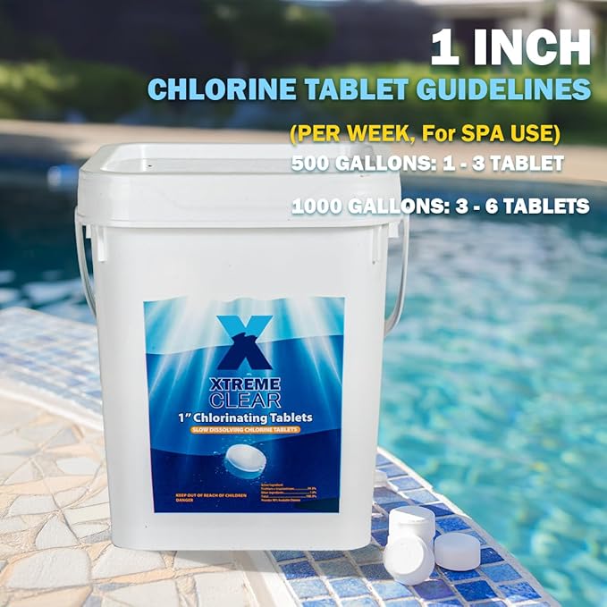 XtremeClear 5lbs 1" Chlorine Tabs for Swimming Pool Hot Tub & Spa Eliminate Bacteria & Algae Sanitizer Makes Water Clean & Crystal Clear Slow Dissolving, 5-Pounds