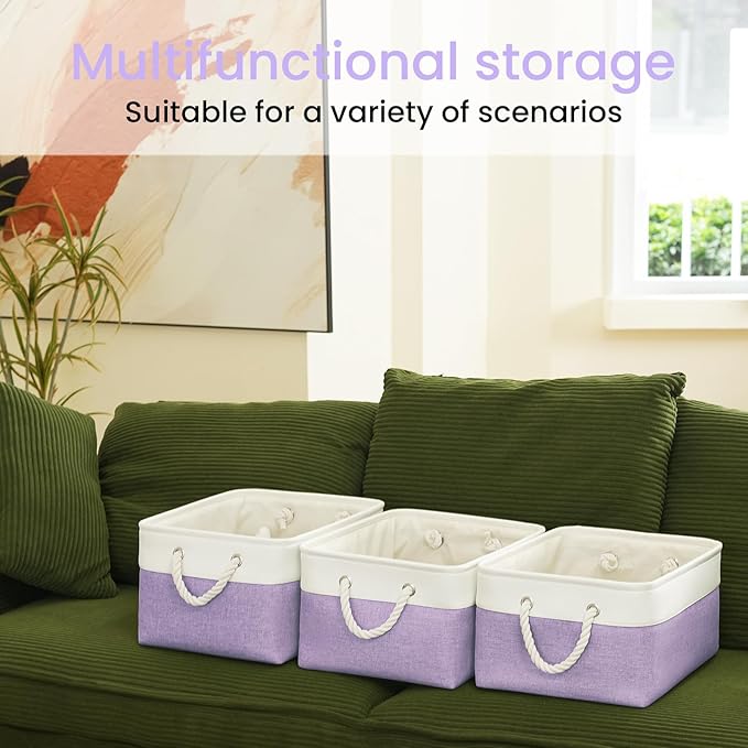 Large Storage Baskets- 15.7x11.8x8.26 inch Storage Bins for Shelves and Closet Organizing, Foldable Fabric Bin for Home Organization Clothes and Laundry (6-Pack, White&Purple)