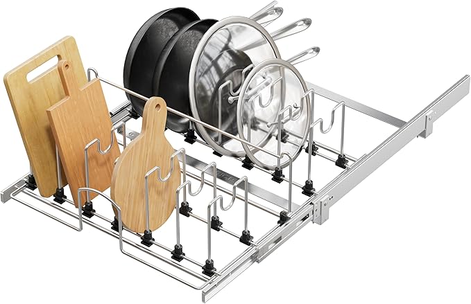 Pull Out Pots and Pans Organizer Under Cabinet, Sliding Adjustable Pot Rack with 15 Adjustable Dividers, Chrome-Plated Pot and Pan Holder Rack, Full-Extension Rail for Kitchen Organization 20" W*22" D