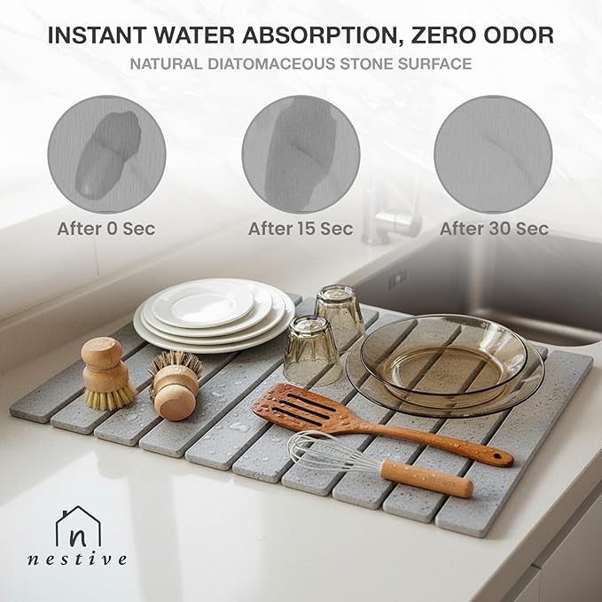 Large Stone Dish Drying Mat for Kitchen Counter, 24"x16", Fast Drying Collapsible, Diatomaceous Earth Mat, Super Absorbent Folding Mat for Dishes, Bottles, Glass, Heat-Resistant, Non-Slip (Light Gray)