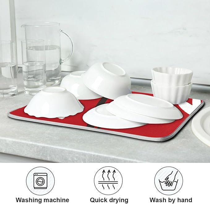 Happy Valentine's Day Dish Drying Mat for Kitchen Red White Love Heart Microfiber Drying Mats Absorbent Reversible Dish Pad Large Dish Draining Mat 18x24 inch