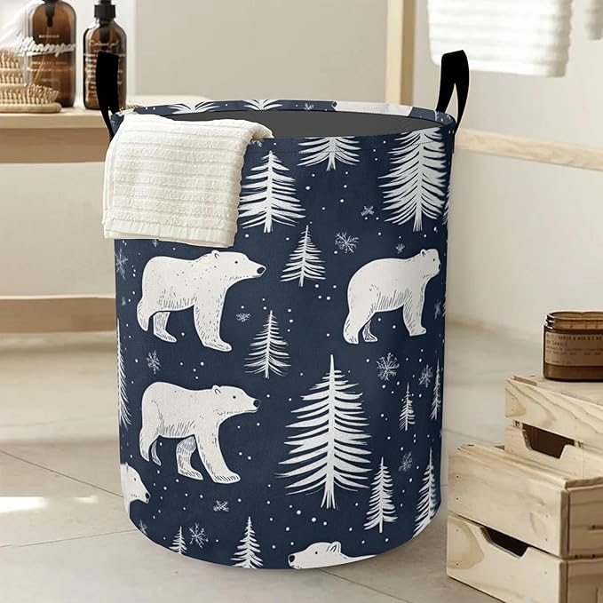 Cartoon White Bear Laundry Basket,Tree Large Canvas Fabric Lightweight Storage Hamper Organizer Dirty Clothes Collapsible Waterproof for College Dorms,Bathroom