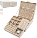 Jewelry Organizer Box, Jewelry Box Organizers for Women Girls, Jewellery Display Holder, 2 Layers Large Leather Jewels Storage Case for Earring, Rings, Necklaces, Bracelets, Watch, Ideal Gift (Beige)