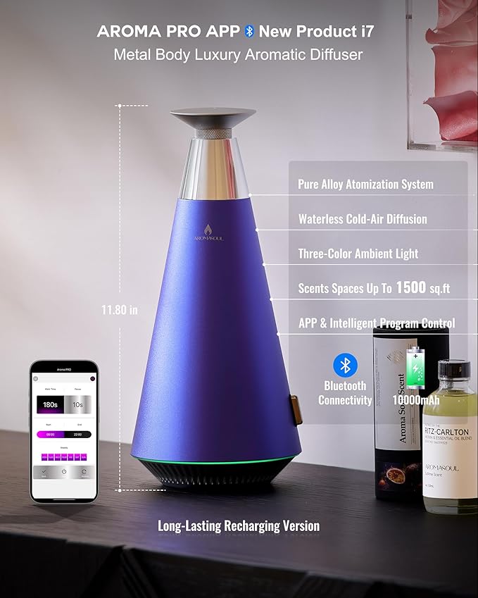 Waterless Scent Diffuser Starter Kit - 1500 Sq Ft Coverage, Alloy Atomization System,Mood Light,Smart Rechargeable Hotel Scent Diffuser, Including 120ml Essential Oil, for Home,Large Room,Spa,Blurple
