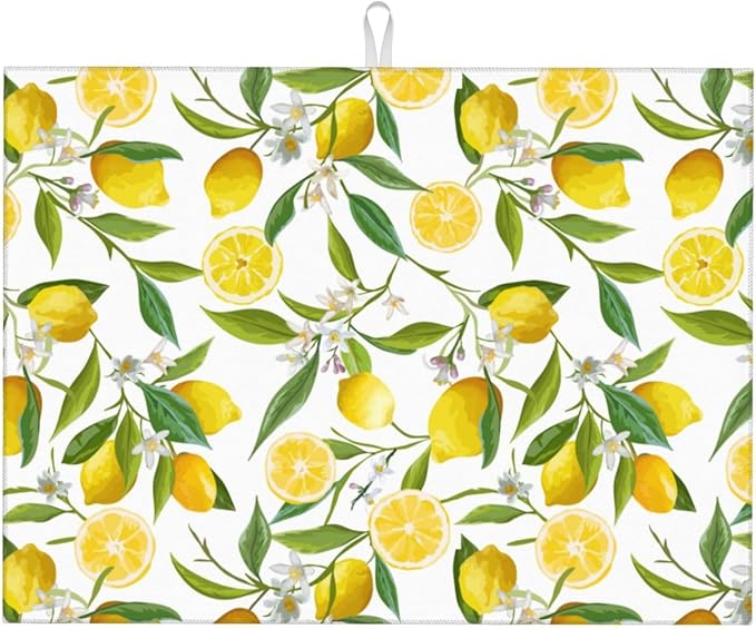 Lemon Dish Drying Mat for Kitchen Counter, Spring Summer Lemon Floral Drying Mat, Reversible Water Control Mat, Kitchen Countertop Absorbent Mat, Dish Draining Mat 18"x24"