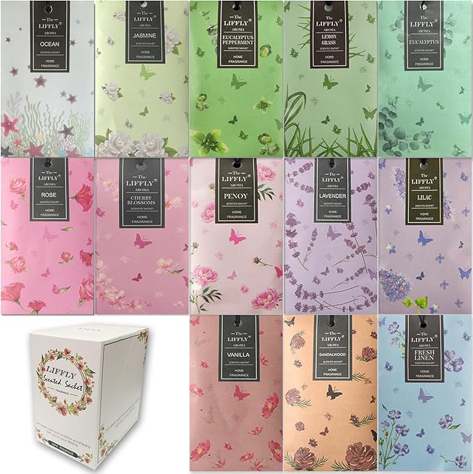 LIFFLY 13 Scents Scented Sachets for Drawers and Closets 14 Packs Lavender Rose Jasmine Ocean Vanilla Sandalwood Fresh Linen Cherry Blossoms Lilac Eucalyptus Peppermint Lemongrass Peony Gift Box