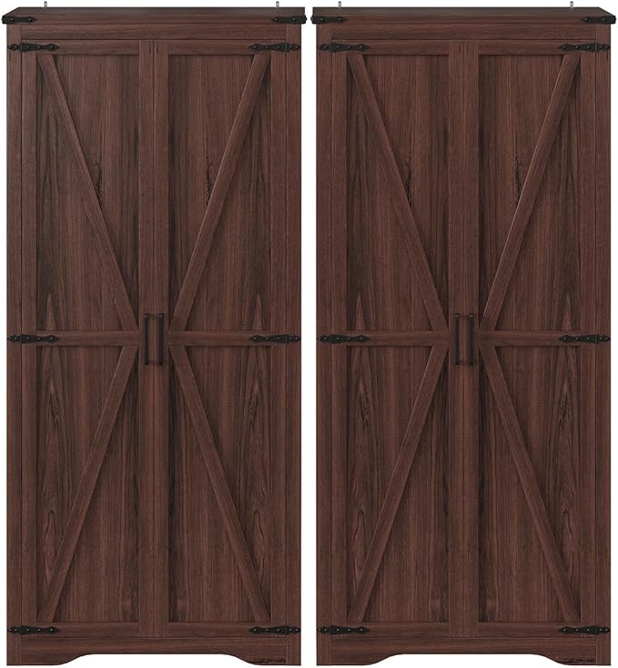 Set of 2 Farmhouse Storage Cabinet with Adjustable Shelves, Large Pantry Organize with 2 Barn Doors, Tall Freestanding Cabinet for Kitchen, Bathroom, Garage, Living, Utility Room, Brown