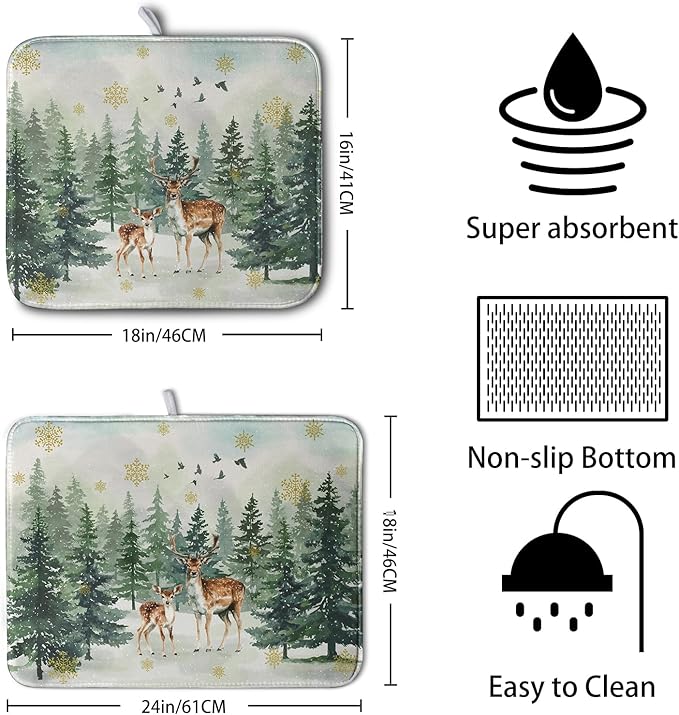 Kwlegh Reindeer Tree Snowflakes Christmas Dish Drying Mats for Kitchen Counter 16x18 Inch Winter Forest Dish Drainer Mats Absorbent Reversible Dish Draining Microfiber Dishes Drying Pad