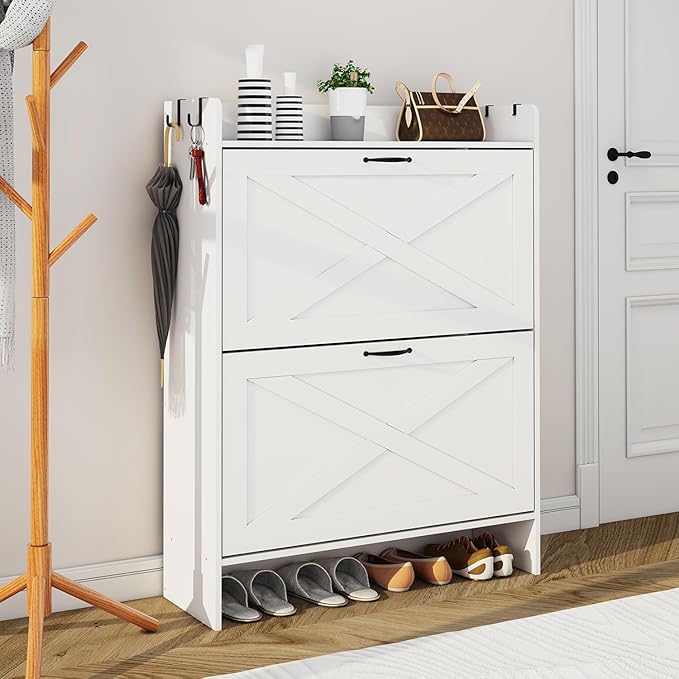 Shoe Cabinet with 2 Flip Drawers & Adjustable Shelf,Wood Shoe Organizer,Freestanding Hidden Shoe Storage Cabinet for Entryway,Hallway (White)