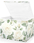 Flower Baskets Collapsible Storage Bins with Lids, White Rose Flower Storage Boxes Clothes Baskets for Organizing