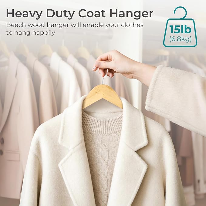 HOUSE DAY Premium Wooden Coat Hangers 20 Pack, Heavy Duty Solid Wood Clothes Hangers with 360° Swivel Hook & Pant Bar for Jackets, Dress, Shirts, Natural Wood Suit Hanger for Closet Organizer