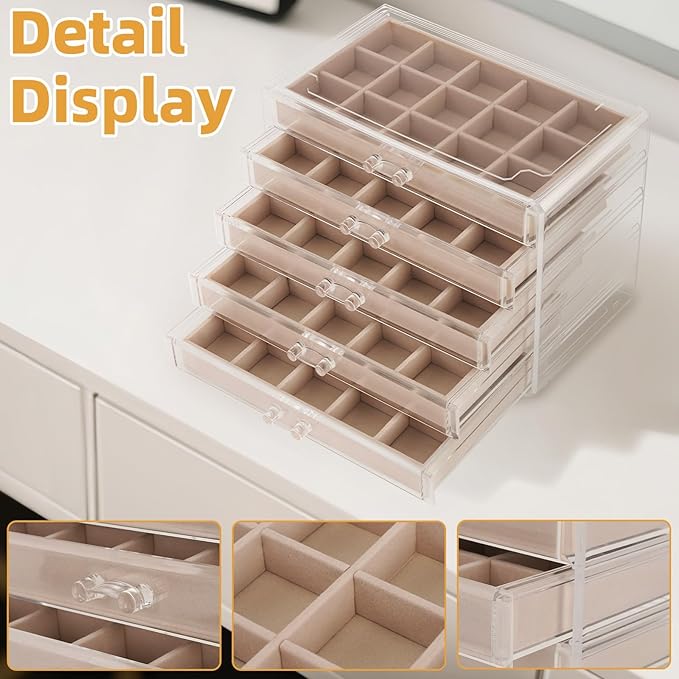 Jewelry Box Organizer，Acrylic Storage Organizer with 5 Drawers Adjustable Velvet Trays grid size Jewelry Storage Box Clear Jewelry Organizer Gift for Women Girls (5 layer)