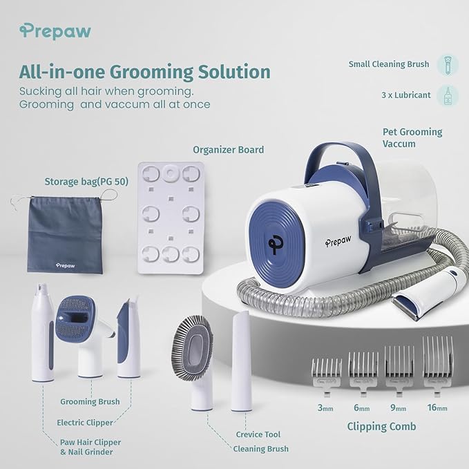 Prepaw Premium Pet Grooming Kit with Vacuum, 11000Pa Suction Power, 2.5L Dust Cup, 7 Grooming Tools, Cordless Paw Trimmer, Nail Grinder, Large Capacity Dust Cup, Whisper Operation, USA Design