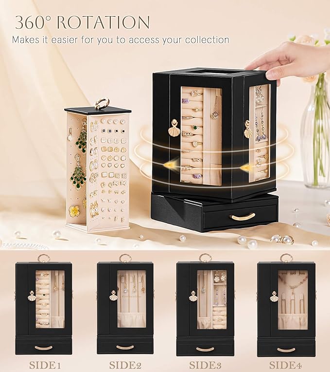 Jewelry Box large for Dresser: Women Necklace Ring Storage Organizer with Compartments - Elegant Earring Holder Display (Black)