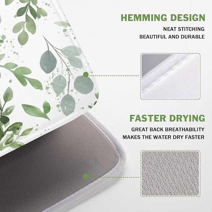 ABSOP Spring Summer Sage Green Leaves Dish Drying Mat 18 x 24 Inch Spring Eucalyptus Leaf Dish Drainer Rack Mat Absorbent Microfiber for Holiday Kitchen Coffee Dining Bar Decor