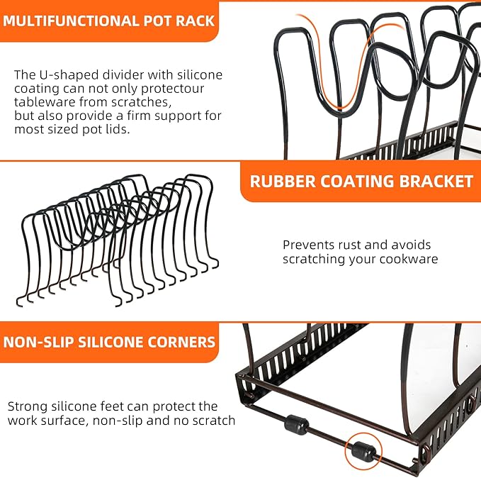 Pot Rack Organizer -Expandable Pot and Pan Organizer for Cabinet,Pot Lid Organizer Holder with 10 Adjustable Compartment for Kitchen Cabinet Cookware Baking Frying Rack,Bronze