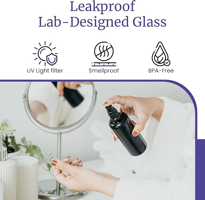 Infinity Jars 100 Ml (3.4 fl oz)Black Ultraviolet Glass Fine Mist Spray Bottle Cleaning Products Refillable Containers Homemade Perfume Blends Room, Sprays Bath Beauty Hair, Screw Top Bottles 10-Pack