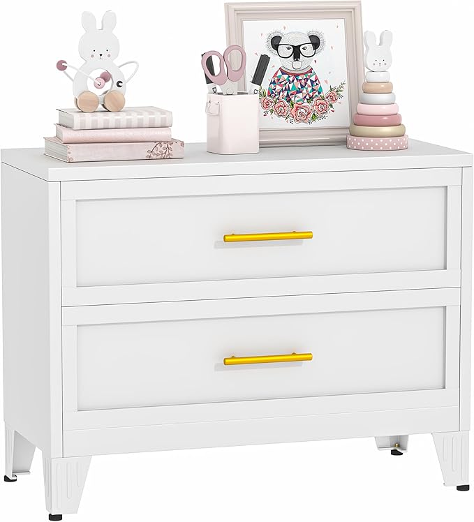 Metal Dresser for Bedroom 2 Drawers Dresser Metal Storage Dressers Organizer,24.8" H White Drawer Chest, Closet Organizers for Living Room, Hallway, Closet