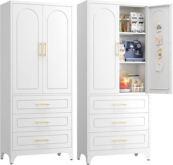 Pantry Kitchen Cabinet with Drawer, 75" Tall Pantry Storage Cabinet, Metal Storage Cabinets with Doors and Shelves, Large Freestanding Cupboard for Dining Room, Assembly Required, White