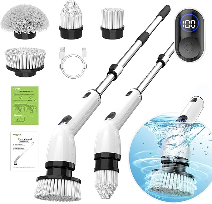 TUYU Electric Spin Scrubber, Full-Body IPX7 Waterproof Bathroom Scrubber with Power LCD Display, Adjustable Extension Handle, Cordless Shower Cleaner Brush for Bathtub Kitchen Wall Cleaning