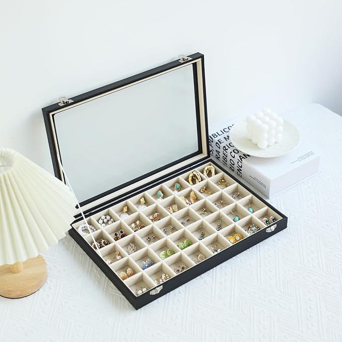 Stratalife Jewelry Organizer 40 Grid Beige Black Jewelry Tray with Clear Dust-proof Lid Velvet Earring Organizer Necklace Rings Holder Display Drawer Storage Case for Women