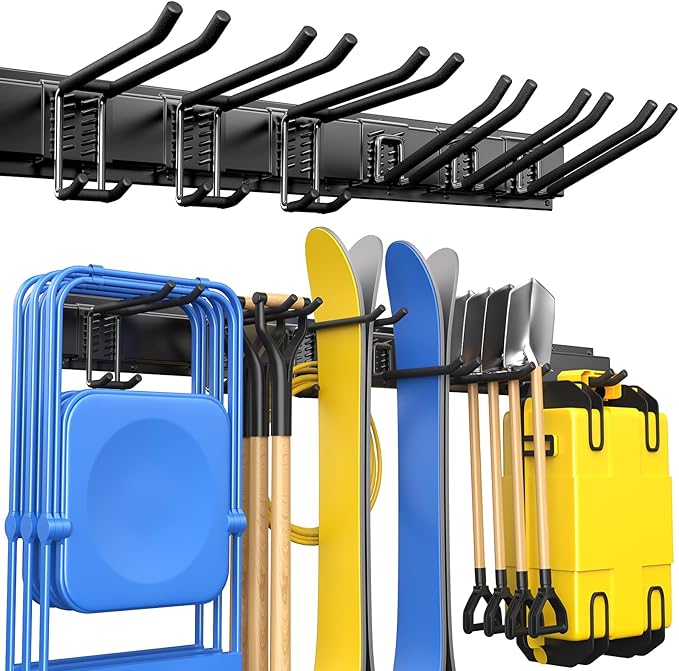 Garden Tool Organizer - Garage Storage Organization Wall Mount 48 Inches, 440lbs Adjustable Heavy Duty Metal Hooks,Yard Shed Organizer Rack Holder System Hanging Rake Broom Mop with 6 Adjustable Hooks