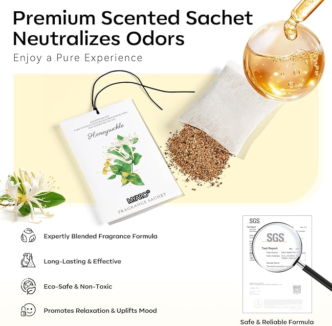 MYARO 12 Packs Honeysuckle Scented Sachets for Drawer and Closet, Long Lasting Air Freshener Fresh Scents Potpourri Bags Home Fragrance for Room Car Small Space