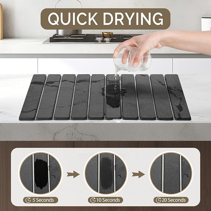 Large Stone Dish Drying Mat for Kitchen Counter, 2PCS 24"×16" & 8“x4" Quick Dry Stone Dishes Mats, Marbled Water Absorbing Diatomaceous Earth Drying Pad for Countertop Bottles Utensils Cups,Dark Gray