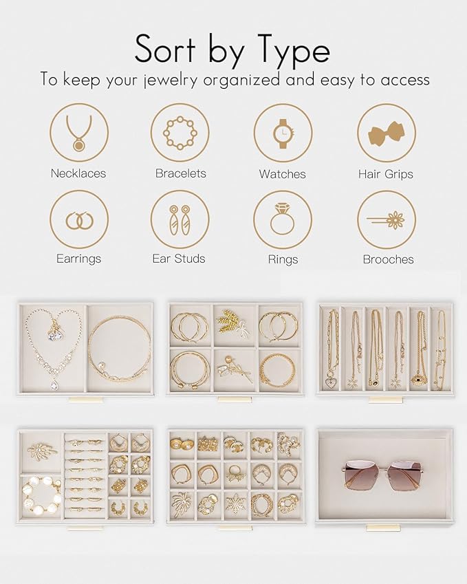 Vlando 6 Layer Jewelry Box for Women, Glass Lid Jewelry Organizer with 6 Drawers for Necklaces Rings Earrings Bracelets - White