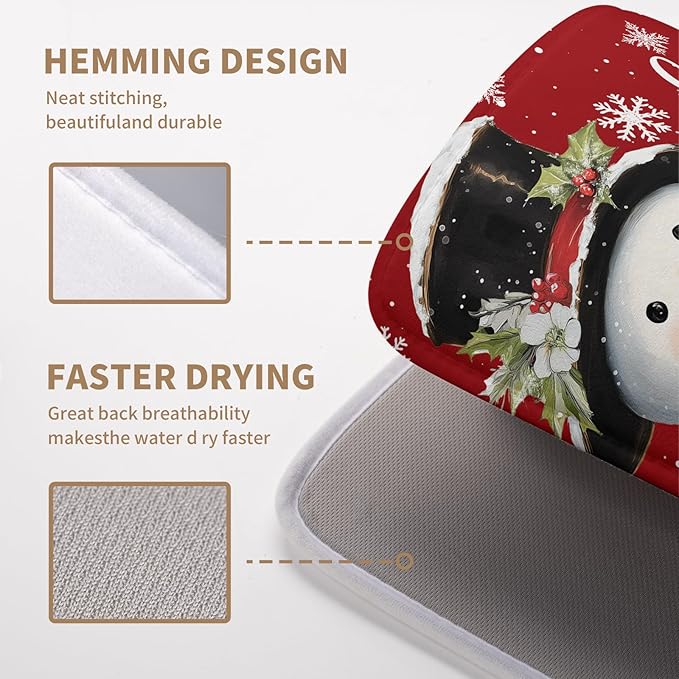 Wnoesat Snowman Christmas Dish Drying Mat Winter Drying Mats for Kitchen Counter Xmas Holiday Red Dish Draining Mat Microfiber Absorbent Reusable Dish Rack Pad 16x18 Inch