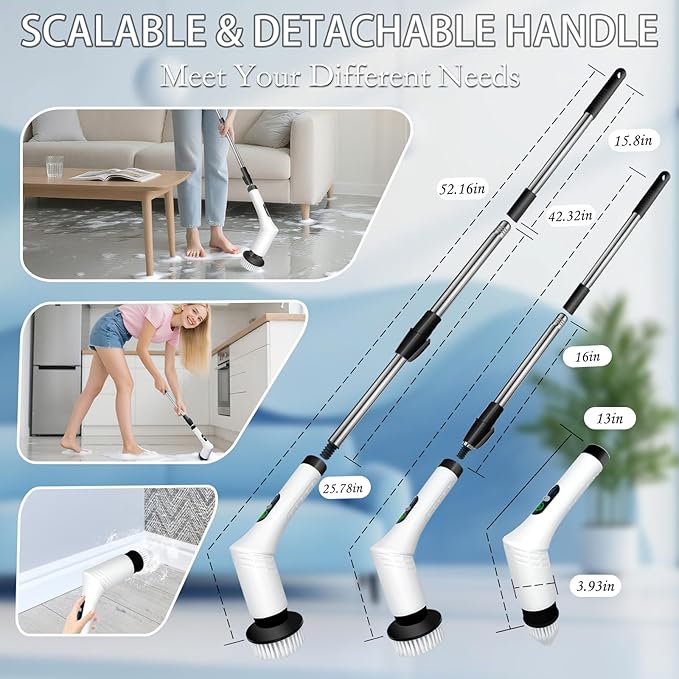 Spin Scrubber,9-In-1Multifunctional Cleaning Brush with Detachable Handle,9 Replaceable Brush Heads&LCD Display,Rechargeable Electric Spin Scrubber for Bedroom,Bathroom,Kitchen,Car