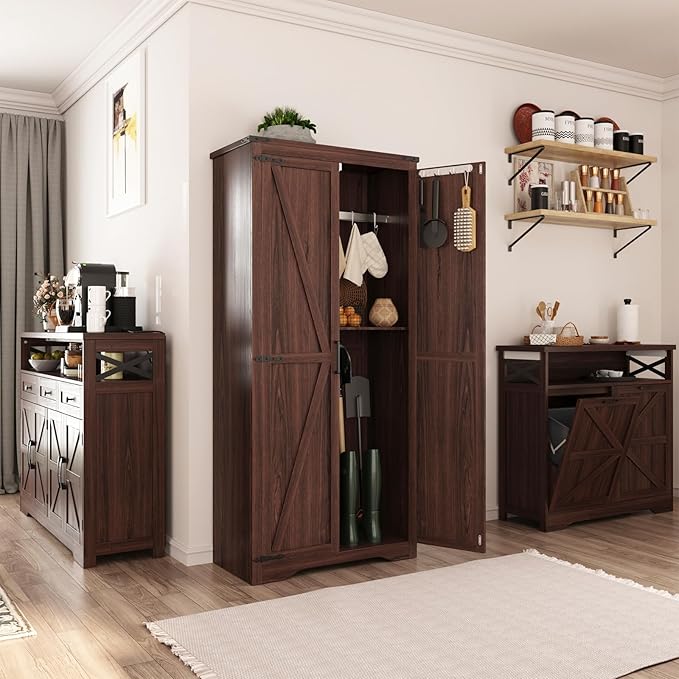 Set of 2 Farmhouse Storage Cabinet with Adjustable Shelves, Large Pantry Organize with 2 Barn Doors, Tall Freestanding Cabinet for Kitchen, Bathroom, Garage, Living, Utility Room, Brown