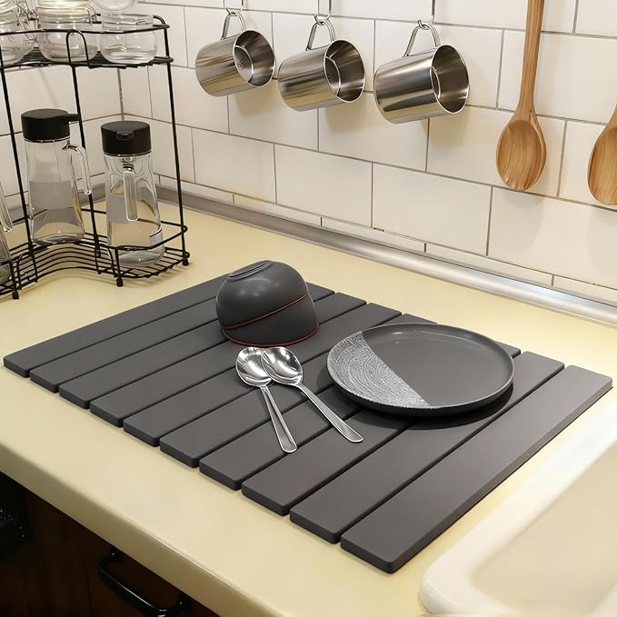Hopegiver Stone Drying Mat for Kitchen Counter, 24"x16" Dark Gray Quick Drying Stone Mat, Super Absorbent Diatomaceous Earth Dish Drying Mat for Counter, Collapsible Design with Sanding Tools