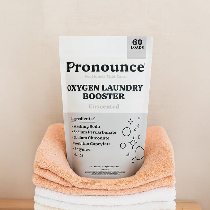 Pronounce Oxygen Laundry Booster with Enzymes - Brightens White & Tough on Stains, Fights Odor. Stain Remover, Cleaner Ingredients, Fragrance Free - Ultra Concentrated, HE - 60 Loads (Unscented)
