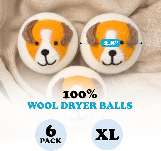 Smart Sheep Wool Dryer Balls - 6-Pack - XL Premium Natural Fabric Softener Award-Winning - Wool Balls Replaces Dryer Sheets - Wool Balls for Dryer - Laundry Balls for Dryer (Playful Pups)
