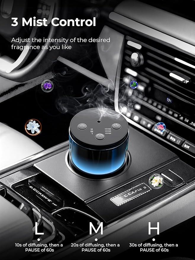 Waterless Diffuser for Essential Oil: Mini Battery Scent Diffuser for Room&Home&Car with 9 Colors LED Light - Aroma Cool Mist Machine Dark Black