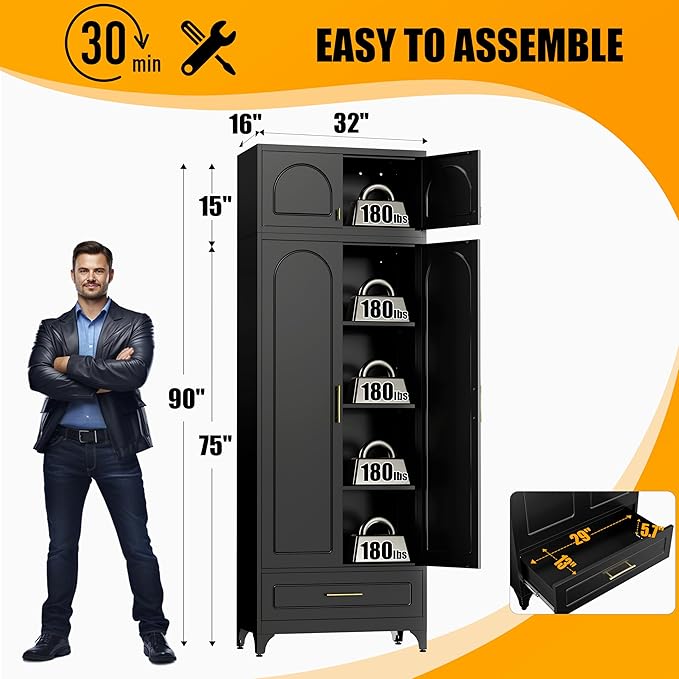 Metal Storage Cabinet with Drawer, 90" Tall Kitchen Pantry Storage Cabinets with Doors and Adjustable Shelves, Black Pantry Closet, Steel Large Cupboard, High Leveling Feet- Assembly Required