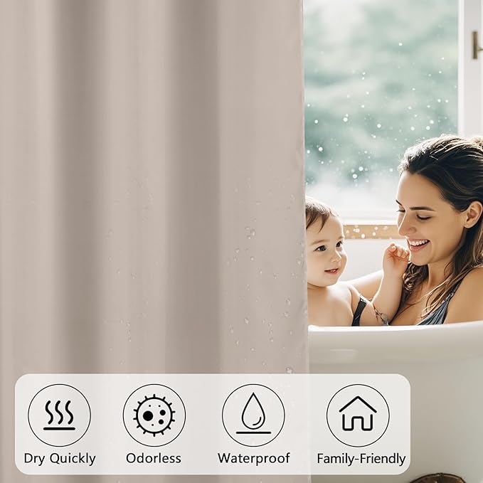 Waterproof Fabric Shower Curtain Liner with 3 Weighted Magnets, 72 x 84 inch Extra Long Khaki Cloth Shower Liner Machine Washable, Hotel Quality Lightweight Tall Shower Curtain for Bathroom