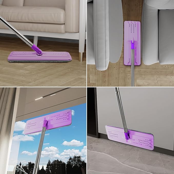 BOSHENG Mop and Bucket with Wringer Set, Hands Free Flat Floor Mop and Bucket, 3 Washable Microfiber Pads Included, Wet and Dry Use, Home Floor Cleaning System for All Floor Types and Windows, Purple