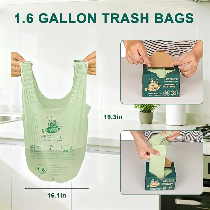 HECTOLIFE 1.6 Gallon 100 Count,Compostable Bags Handle Tie,Tear Resistant Kitchen Food Scrap Waste Bag, ASTM D6400, US BPI and Europe OK Compost Home Certified