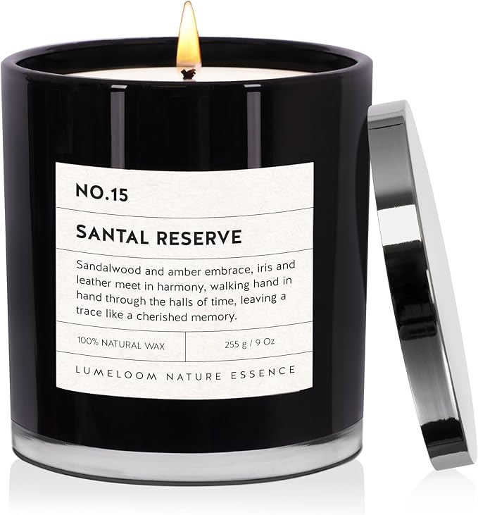 Santal Reserve Luxury Scented Candles, 9oz Soy Wax Candles for Home Scented, Sandalwood, Amber, Iris & Leather Scent, Long Burning Time, Gifts for Women, Men, Sister, Teacher, Christmas
