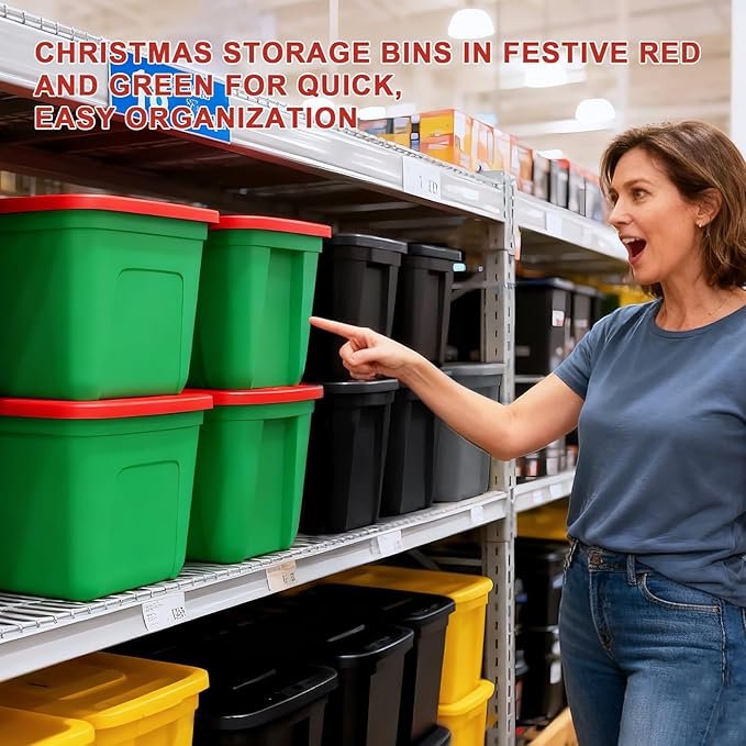 4-Pack Christmas Storage Totes with Lids - Made in USA 18-Gallon(72-Quart)Red Storage Bins,Holiday Organizer,Plastic Stackable Large Storage Boxes for Home,Office,Garage,Basement Red/Green