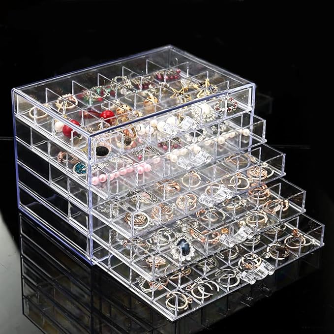 Earring Storage Box Organizer, Acrylic Jewelry Storage Box Holder 5 Drawers Transparent Jewelry Display Stand with 120 Small Compartments Gift Boxes for Women Girls (Clear)